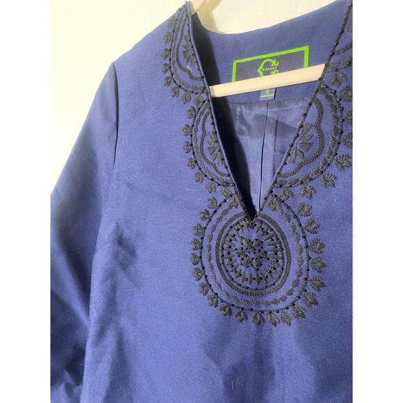 C Wonder Navy Blue Embroidered 3/4 Sleeve Tunic Dress Sz 4 - Picture 3 of 4